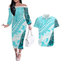 Hawaiian Tapa Couples Matching Off The Shoulder Long Sleeve Dress and Hawaiian Shirt Traditional Vintage Pattern Aqua LT05 Aqua - Polynesian Pride
