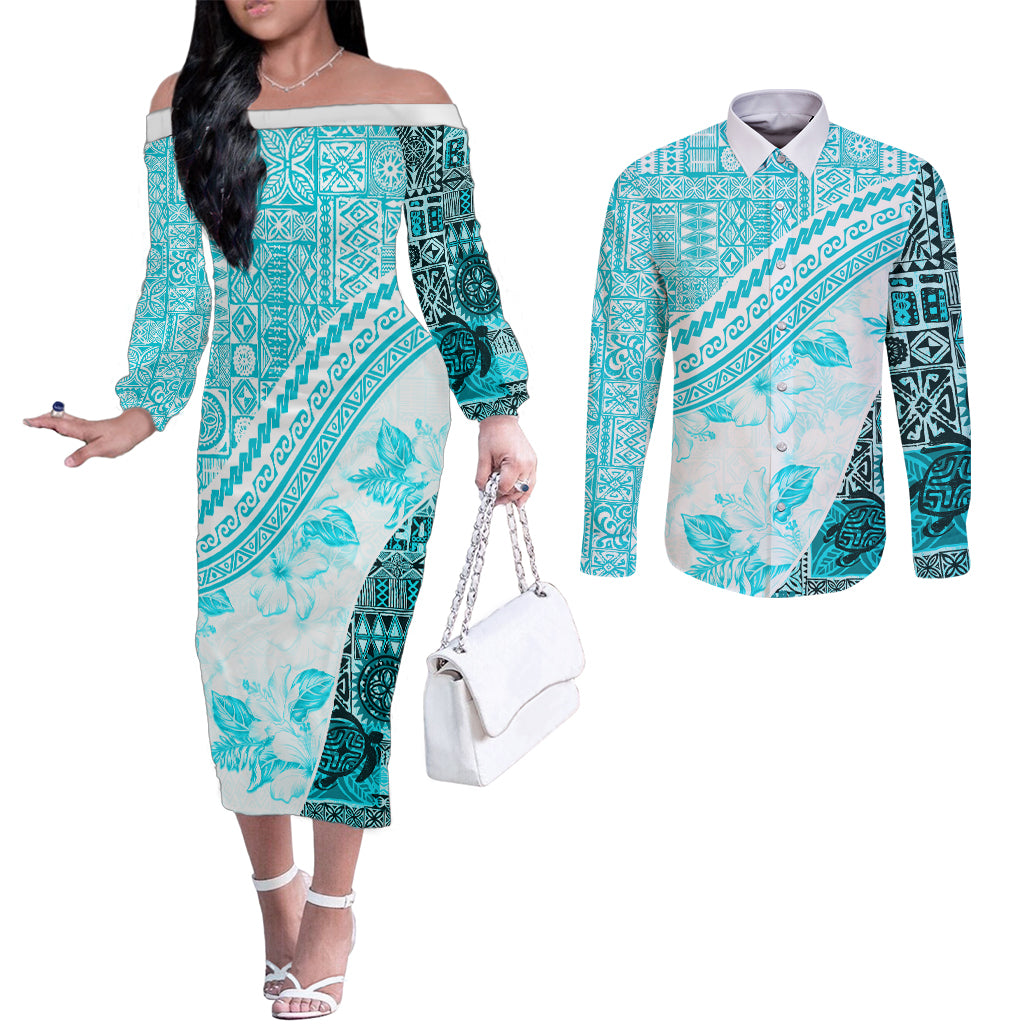 Hawaiian Tapa Couples Matching Off The Shoulder Long Sleeve Dress and Long Sleeve Button Shirt Traditional Vintage Pattern Aqua LT05 Aqua - Polynesian Pride