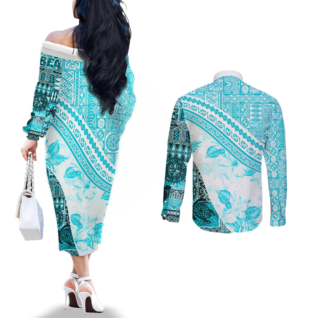 Hawaiian Tapa Couples Matching Off The Shoulder Long Sleeve Dress and Long Sleeve Button Shirt Traditional Vintage Pattern Aqua LT05 - Polynesian Pride