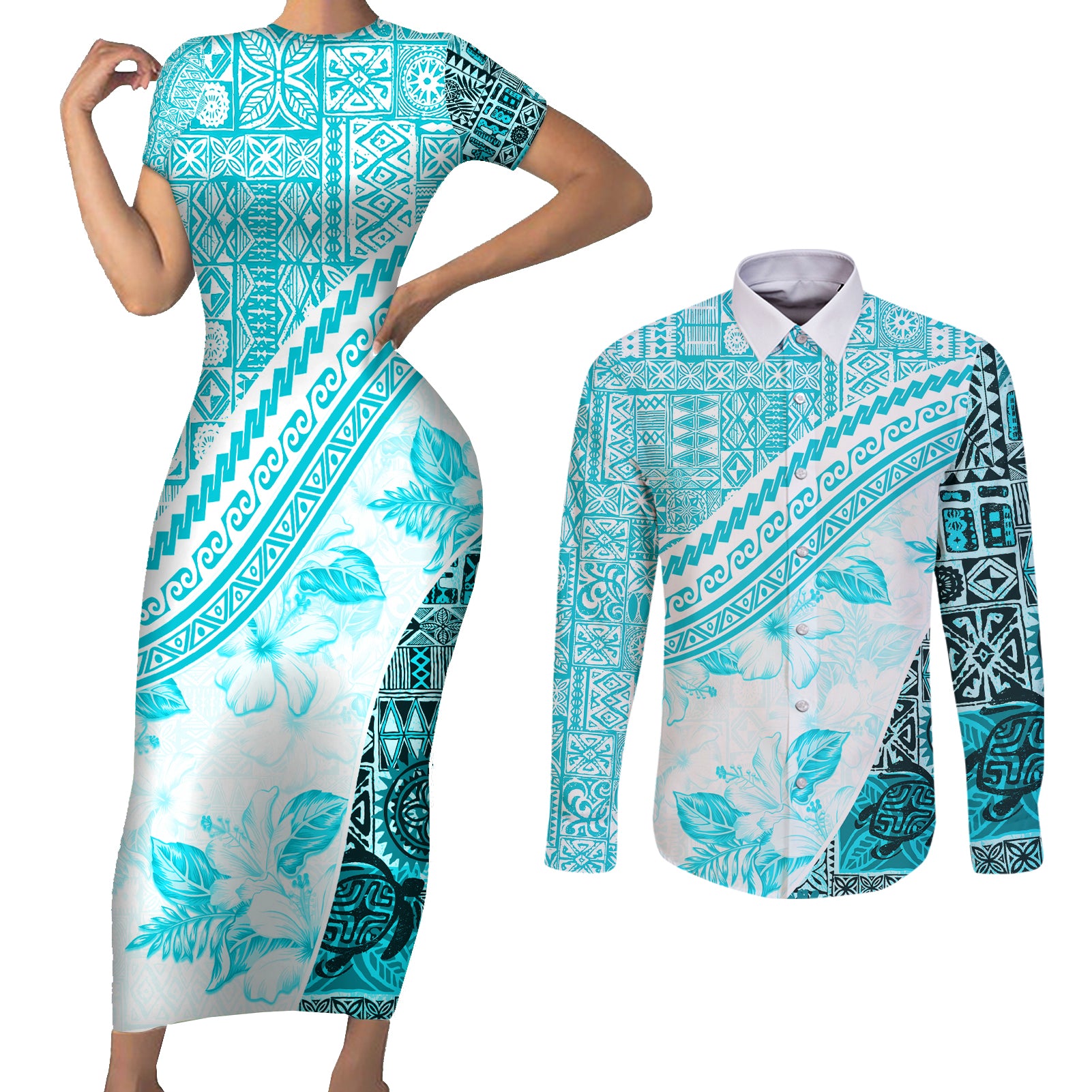 Hawaiian Tapa Couples Matching Short Sleeve Bodycon Dress and Long Sleeve Button Shirt Traditional Vintage Pattern Aqua LT05 Aqua - Polynesian Pride