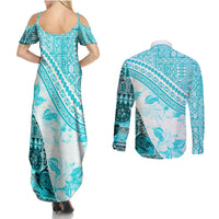 Hawaiian Tapa Couples Matching Summer Maxi Dress and Long Sleeve Button Shirt Traditional Vintage Pattern Aqua LT05 - Polynesian Pride