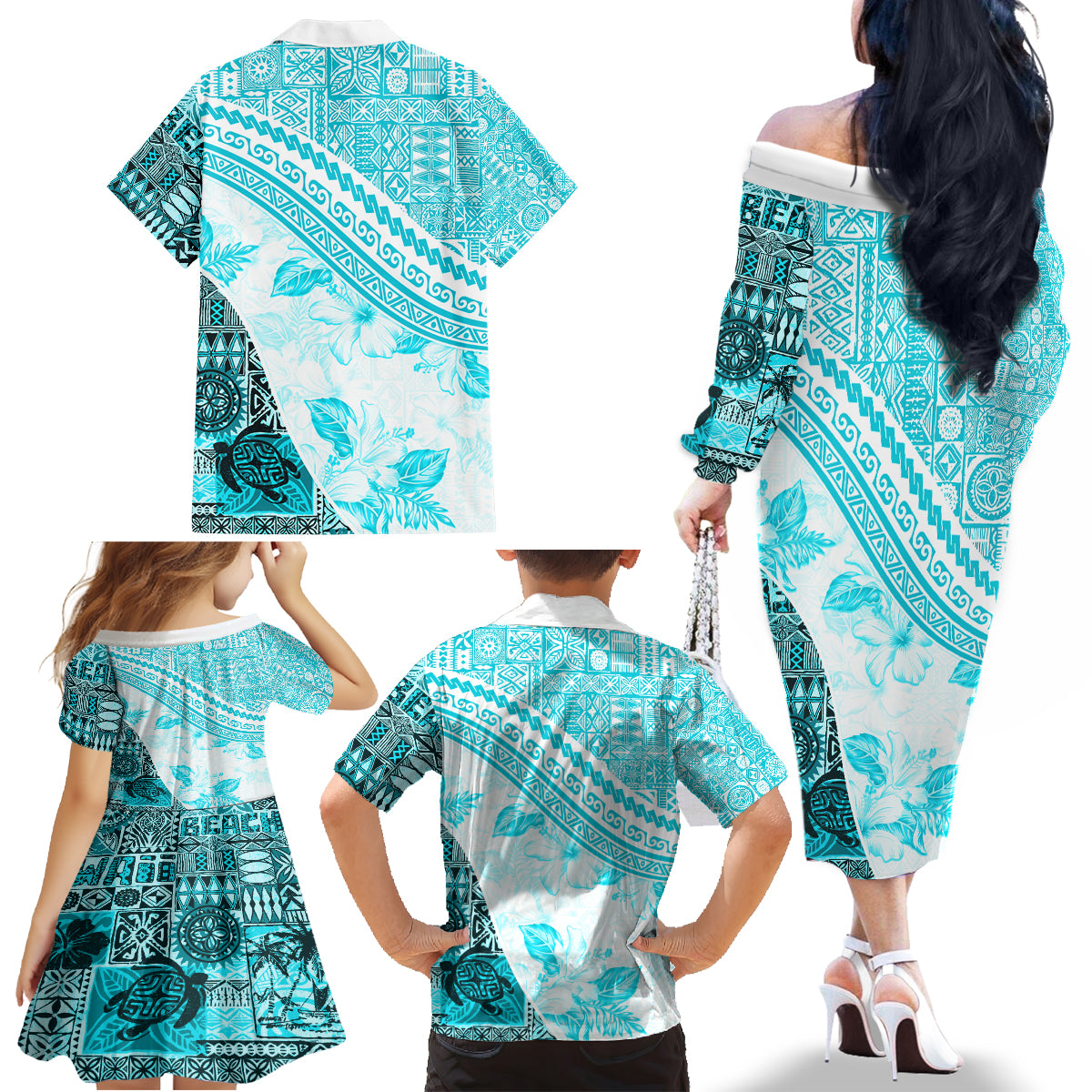 Hawaiian Tapa Family Matching Off Shoulder Long Sleeve Dress and Hawaiian Shirt Traditional Vintage Pattern Aqua LT05 - Polynesian Pride
