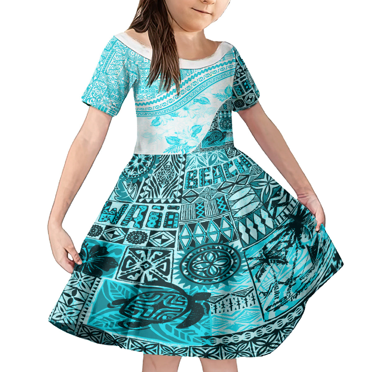 Hawaiian Tapa Family Matching Summer Maxi Dress and Hawaiian Shirt Traditional Vintage Pattern Aqua LT05 Daughter's Dress Aqua - Polynesian Pride