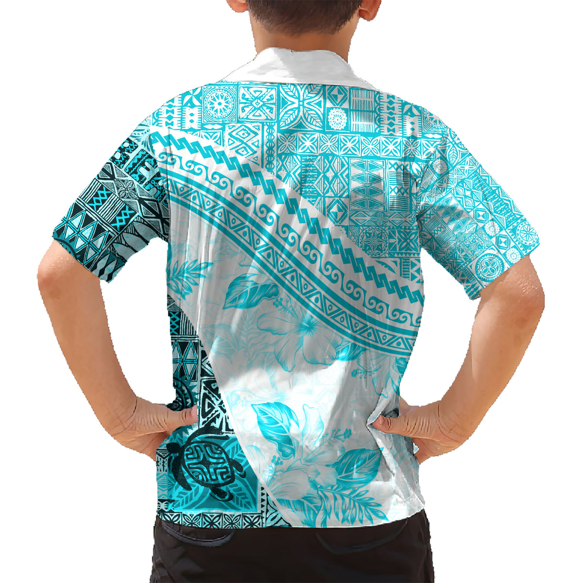 Hawaiian Tapa Kid Hawaiian Shirt Traditional Vintage Pattern Aqua LT05 - Polynesian Pride