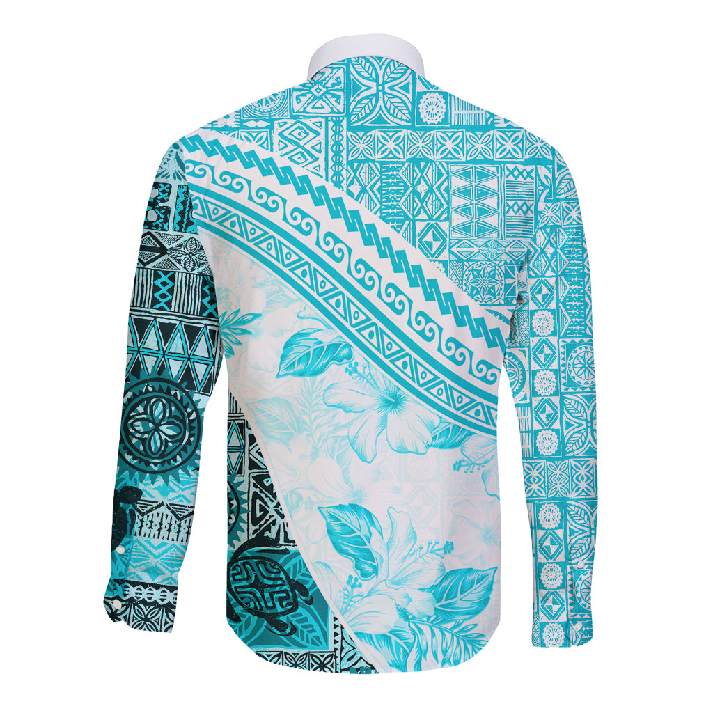 Hawaiian Tapa Long Sleeve Button Shirt Traditional Vintage Pattern Aqua LT05 - Polynesian Pride