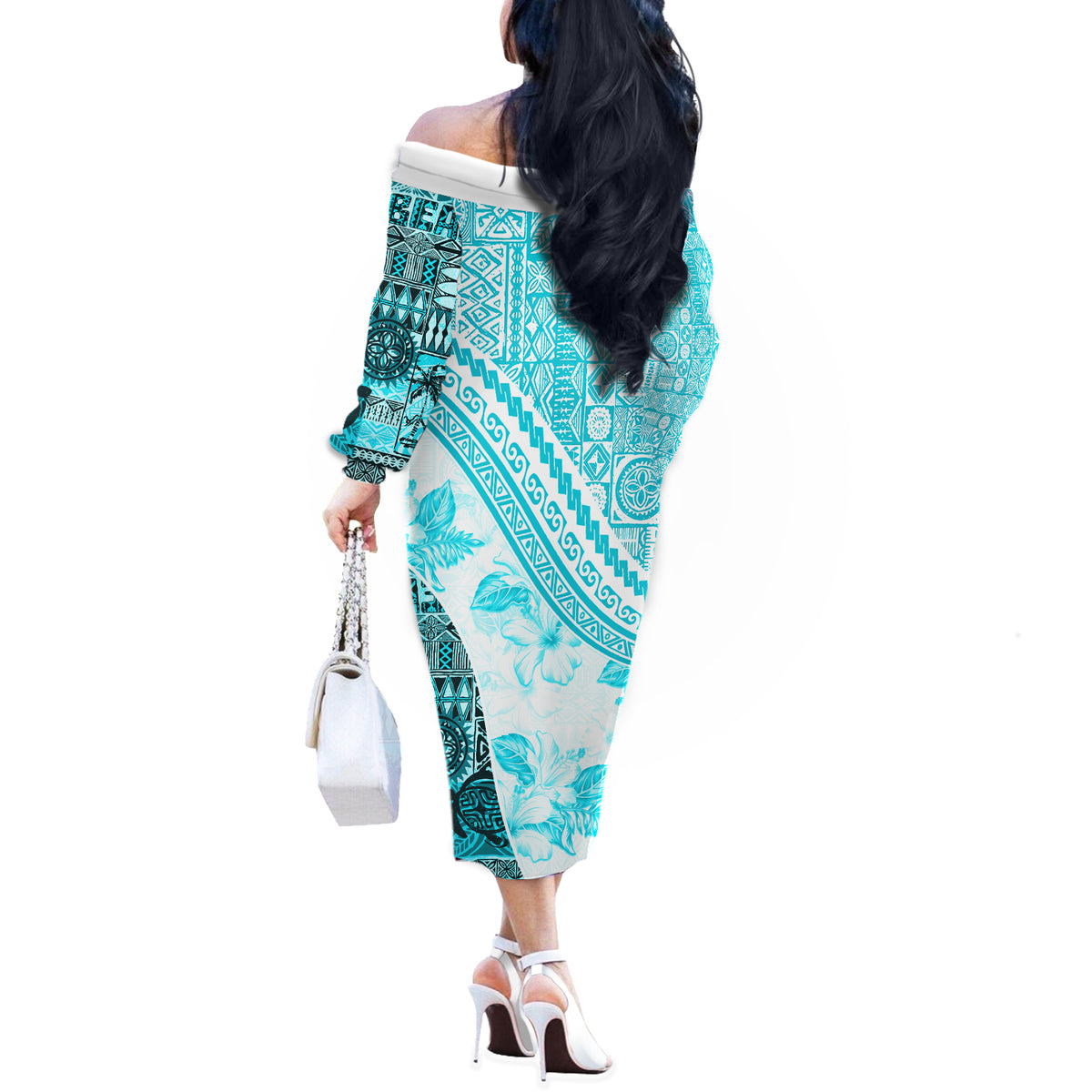 Hawaiian Tapa Off The Shoulder Long Sleeve Dress Traditional Vintage Pattern Aqua LT05 - Polynesian Pride