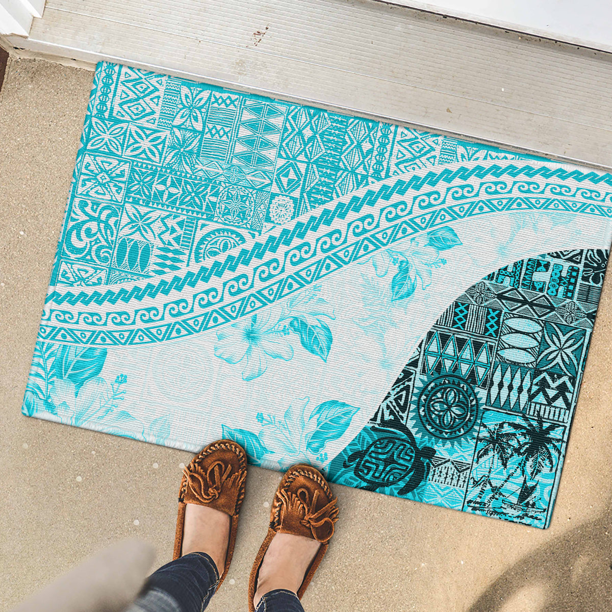Hawaiian Tapa Rubber Doormat Traditional Vintage Pattern Aqua LT05 - Polynesian Pride