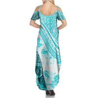 Hawaiian Tapa Summer Maxi Dress Traditional Vintage Pattern Aqua LT05 - Polynesian Pride