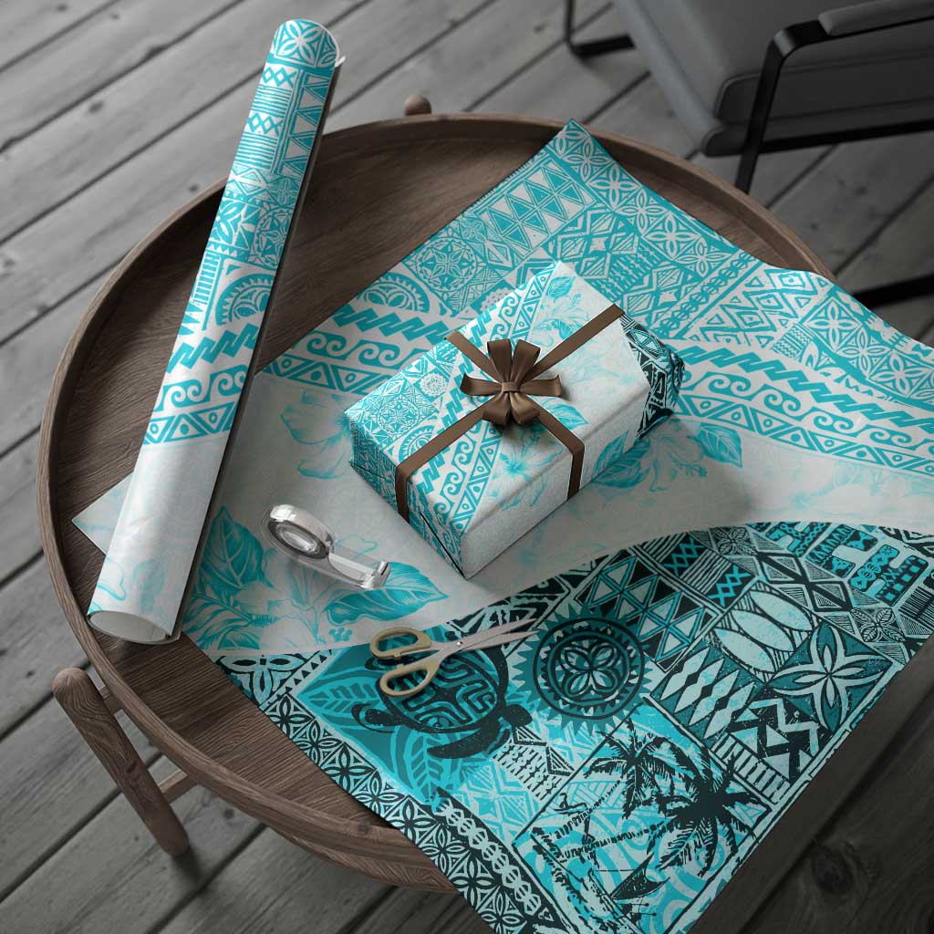 Hawaiian Tapa Wrapping Paper Traditional Vintage Pattern Aqua - Polynesian Pride