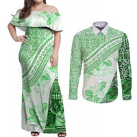Hawaiian Tapa Couples Matching Off Shoulder Maxi Dress and Long Sleeve Button Shirt Traditional Vintage Pattern Green LT05 Green - Polynesian Pride