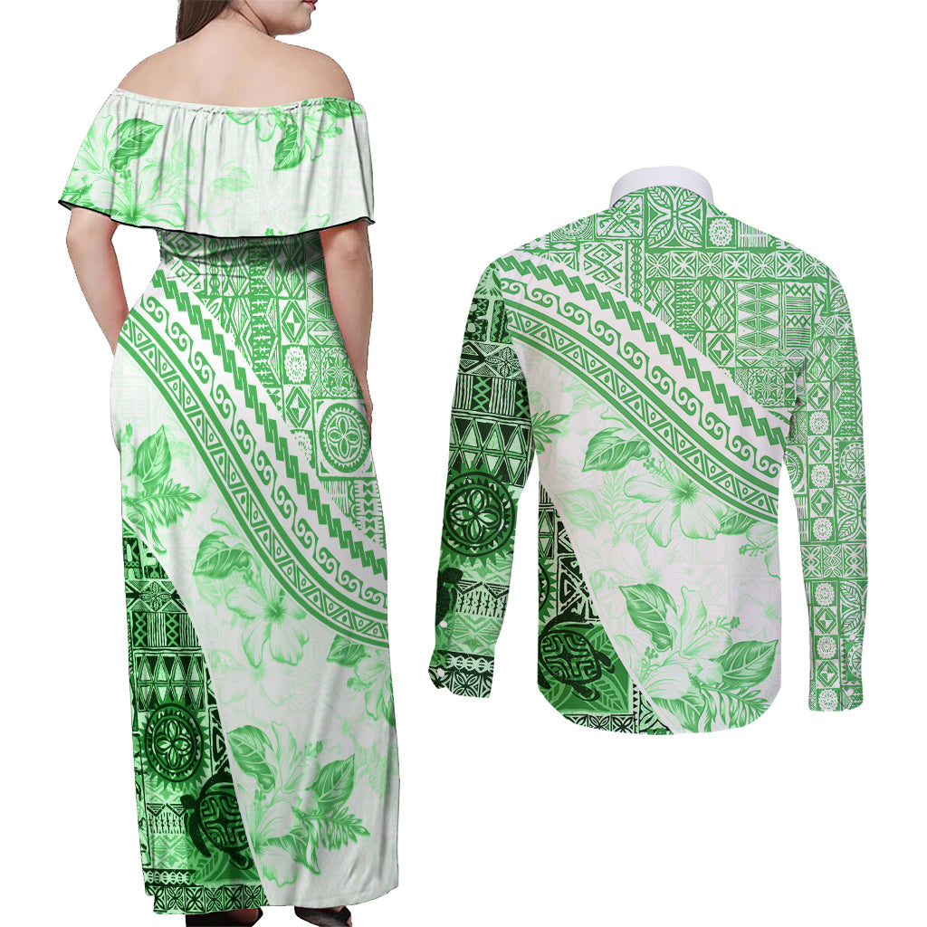 Hawaiian Tapa Couples Matching Off Shoulder Maxi Dress and Long Sleeve Button Shirt Traditional Vintage Pattern Green LT05 - Polynesian Pride