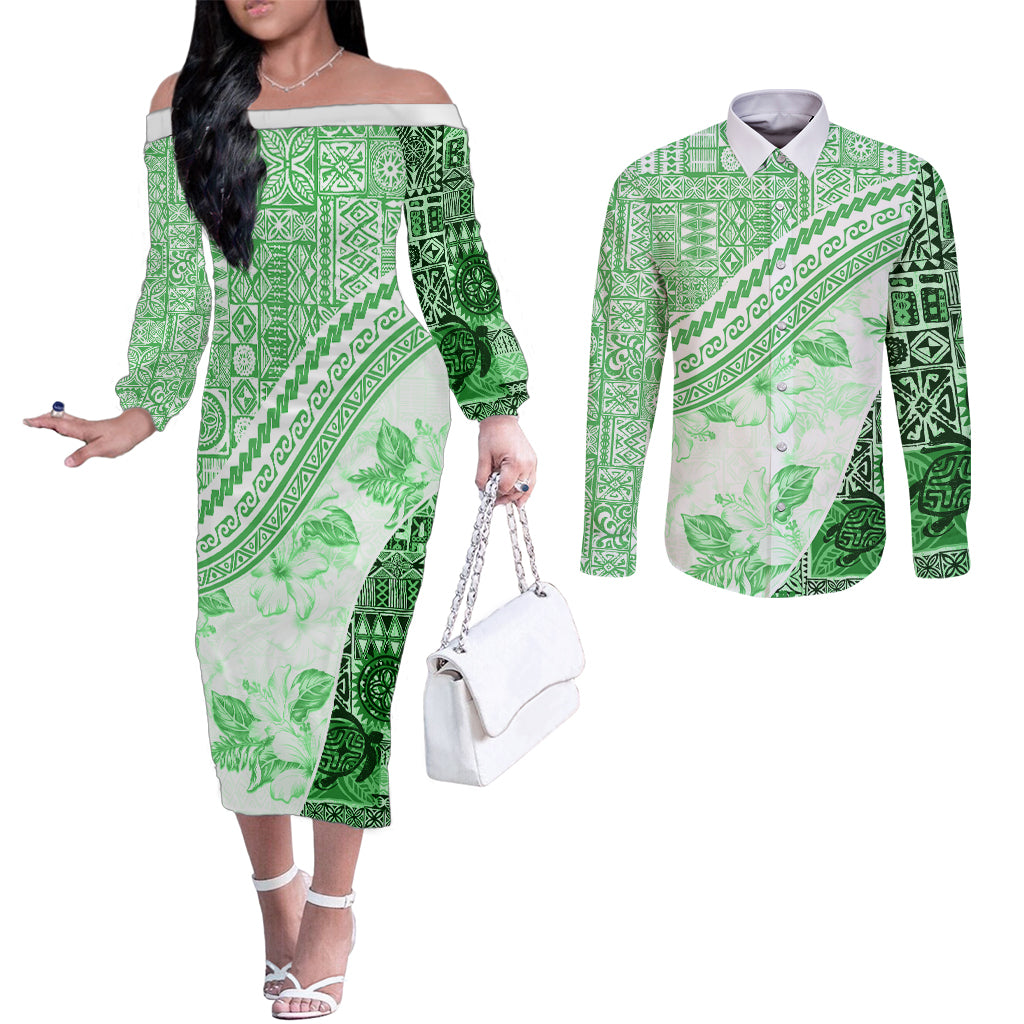 Hawaiian Tapa Couples Matching Off The Shoulder Long Sleeve Dress and Long Sleeve Button Shirt Traditional Vintage Pattern Green LT05 Green - Polynesian Pride