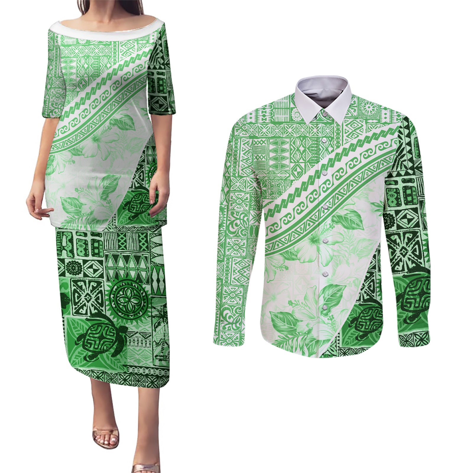 Hawaiian Tapa Couples Matching Puletasi Dress and Long Sleeve Button Shirt Traditional Vintage Pattern Green LT05 Green - Polynesian Pride