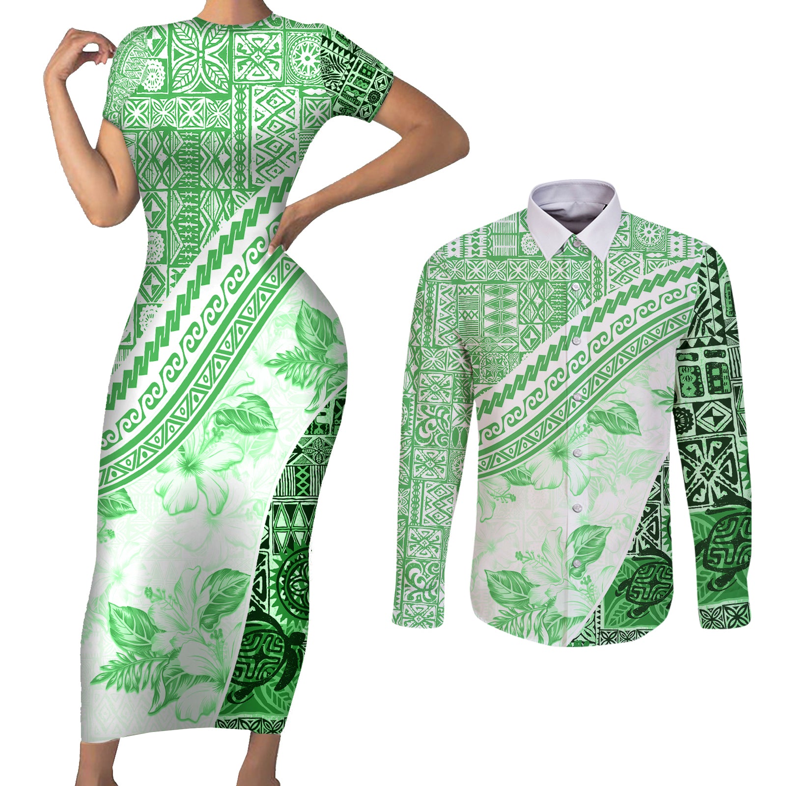 Hawaiian Tapa Couples Matching Short Sleeve Bodycon Dress and Long Sleeve Button Shirt Traditional Vintage Pattern Green LT05 Green - Polynesian Pride