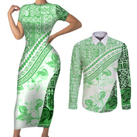Hawaiian Tapa Couples Matching Short Sleeve Bodycon Dress and Long Sleeve Button Shirt Traditional Vintage Pattern Green LT05 Green - Polynesian Pride