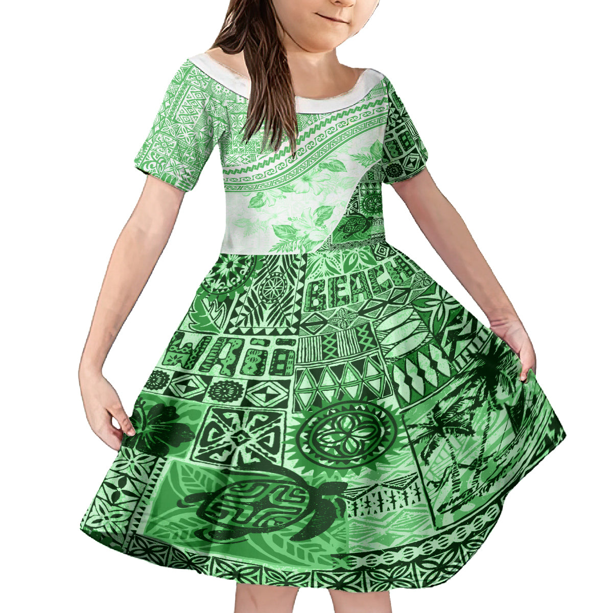 Hawaiian Tapa Family Matching Off Shoulder Maxi Dress and Hawaiian Shirt Traditional Vintage Pattern Green LT05 Daughter's Dress Green - Polynesian Pride