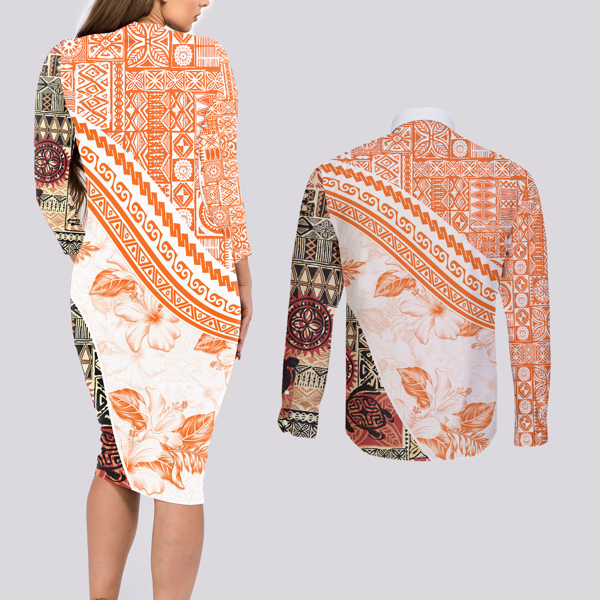 Hawaiian Tapa Couples Matching Long Sleeve Bodycon Dress and Long Sleeve Button Shirt Traditional Vintage Pattern Orange LT05 - Polynesian Pride