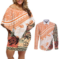 Hawaiian Tapa Couples Matching Off Shoulder Short Dress and Long Sleeve Button Shirt Traditional Vintage Pattern Orange LT05 Orange - Polynesian Pride