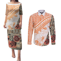 Hawaiian Tapa Couples Matching Puletasi Dress and Long Sleeve Button Shirt Traditional Vintage Pattern Orange LT05 Orange - Polynesian Pride