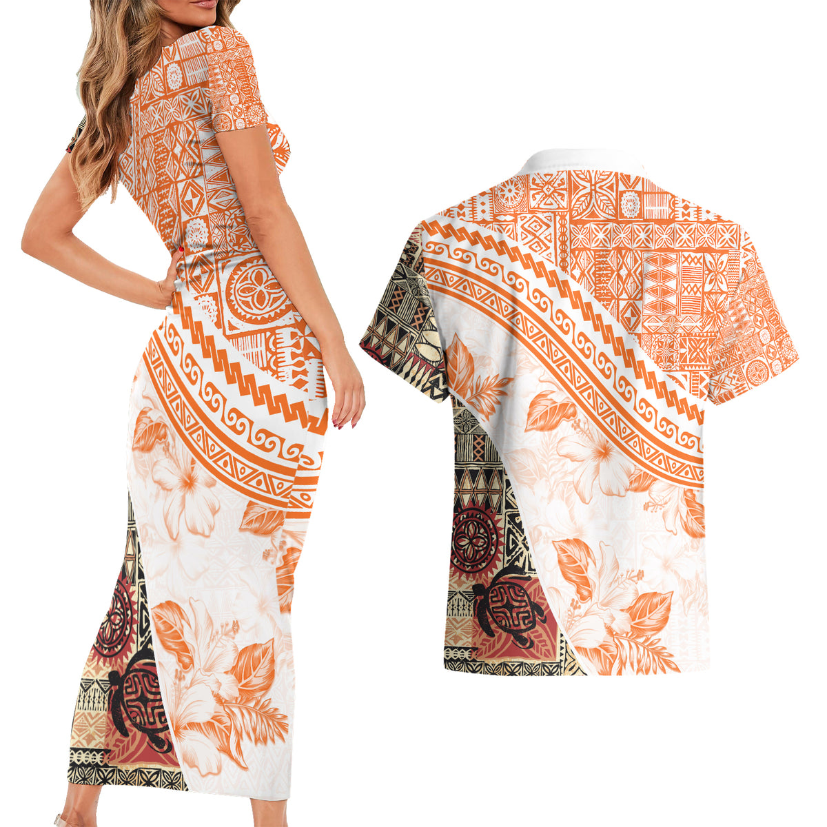 Hawaiian Tapa Couples Matching Short Sleeve Bodycon Dress and Hawaiian Shirt Traditional Vintage Pattern Orange LT05 - Polynesian Pride