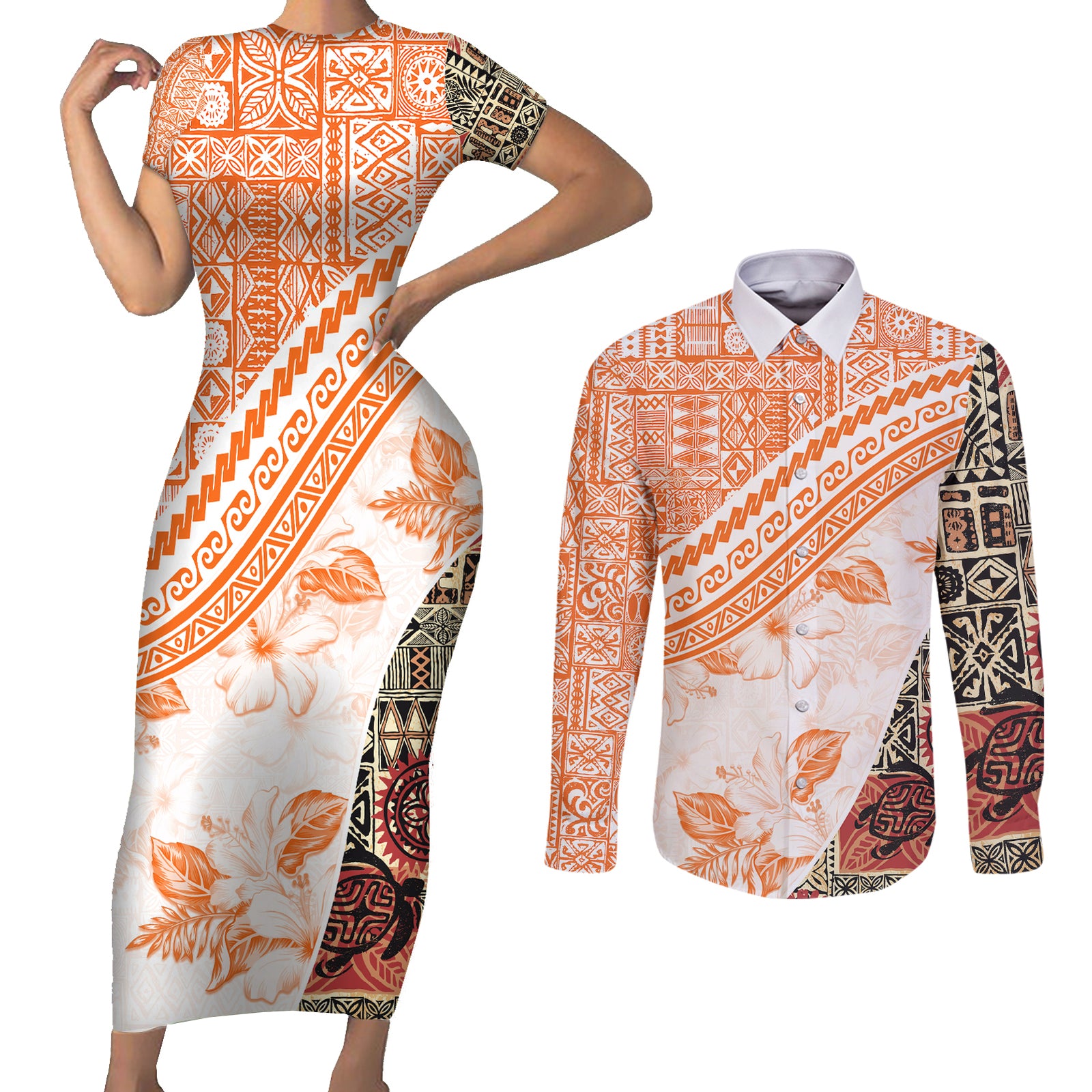 Hawaiian Tapa Couples Matching Short Sleeve Bodycon Dress and Long Sleeve Button Shirt Traditional Vintage Pattern Orange LT05 Orange - Polynesian Pride