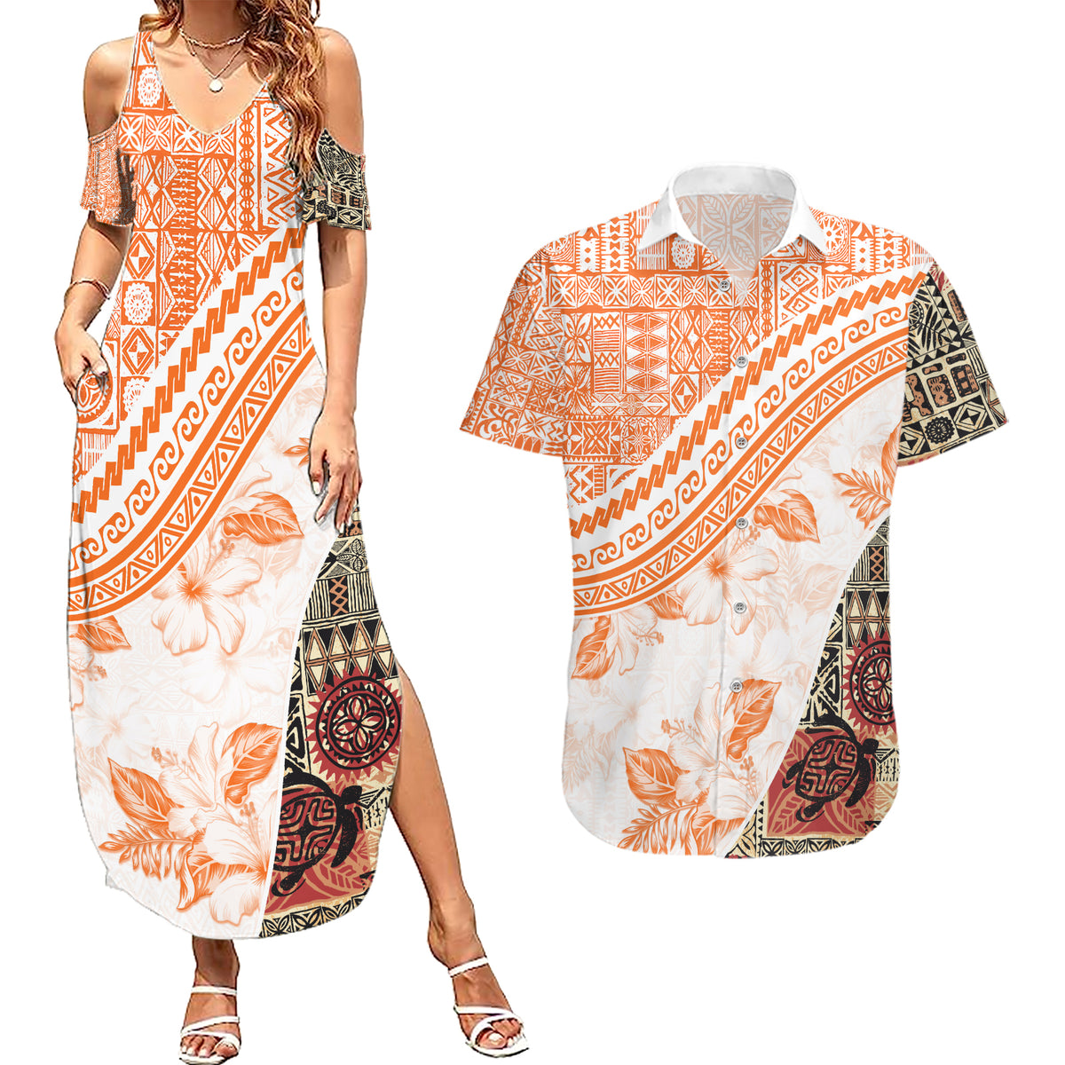 Hawaiian Tapa Couples Matching Summer Maxi Dress and Hawaiian Shirt Traditional Vintage Pattern Orange LT05 Orange - Polynesian Pride