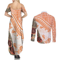 Hawaiian Tapa Couples Matching Summer Maxi Dress and Long Sleeve Button Shirt Traditional Vintage Pattern Orange LT05 - Polynesian Pride