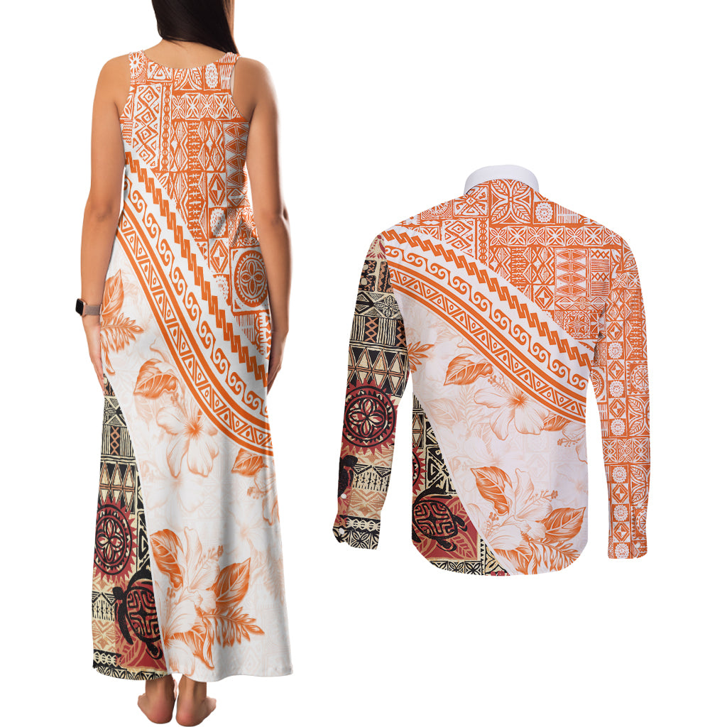 Hawaiian Tapa Couples Matching Tank Maxi Dress and Long Sleeve Button Shirt Traditional Vintage Pattern Orange LT05 - Polynesian Pride
