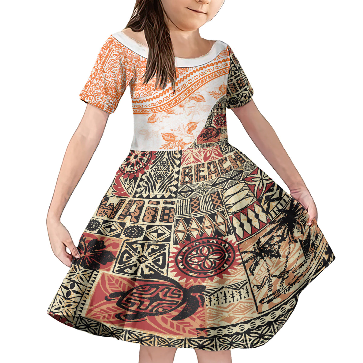 Hawaiian Tapa Family Matching Short Sleeve Bodycon Dress and Hawaiian Shirt Traditional Vintage Pattern Orange LT05 Daughter's Dress Orange - Polynesian Pride