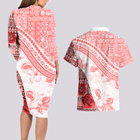 Hawaiian Tapa Couples Matching Long Sleeve Bodycon Dress and Hawaiian Shirt Traditional Vintage Pattern Red LT05 - Polynesian Pride