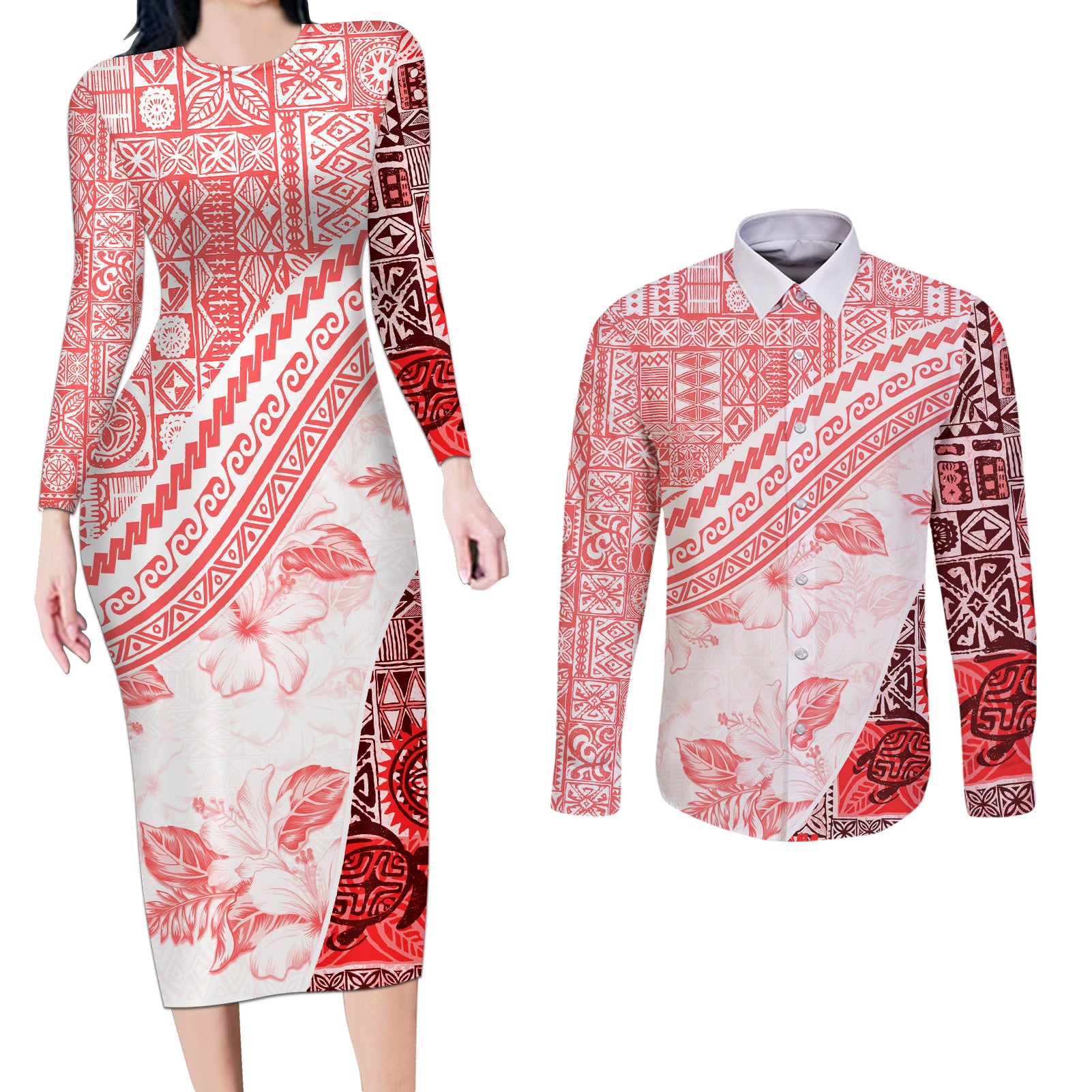 Hawaiian Tapa Couples Matching Long Sleeve Bodycon Dress and Long Sleeve Button Shirt Traditional Vintage Pattern Red LT05 Red - Polynesian Pride