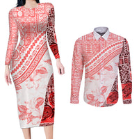 Hawaiian Tapa Couples Matching Long Sleeve Bodycon Dress and Long Sleeve Button Shirt Traditional Vintage Pattern Red LT05 Red - Polynesian Pride