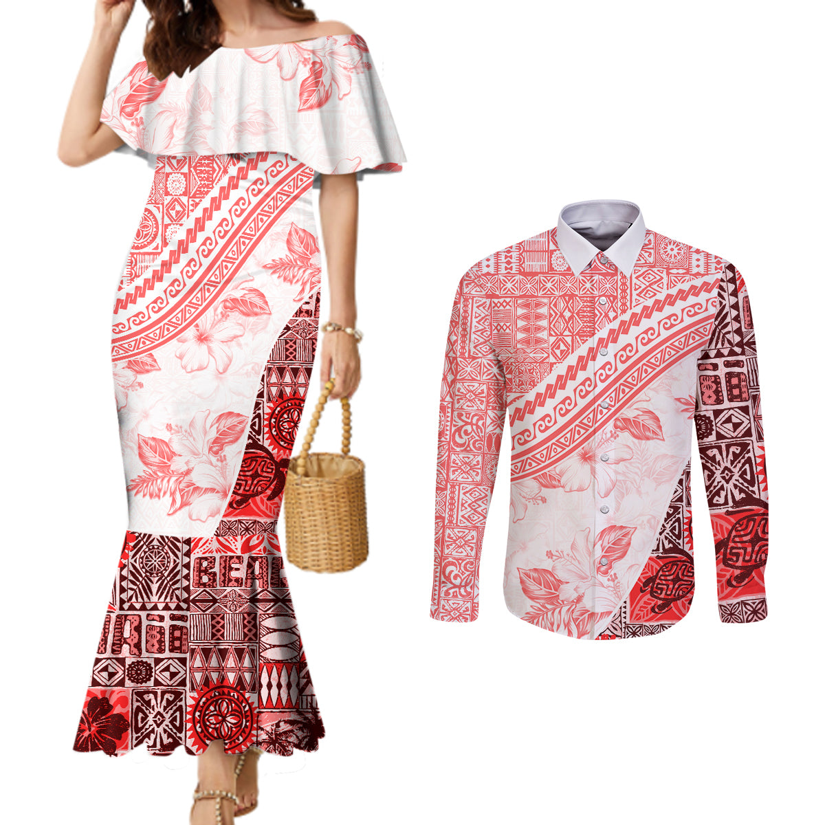 Hawaiian Tapa Couples Matching Mermaid Dress and Long Sleeve Button Shirt Traditional Vintage Pattern Red LT05 Red - Polynesian Pride