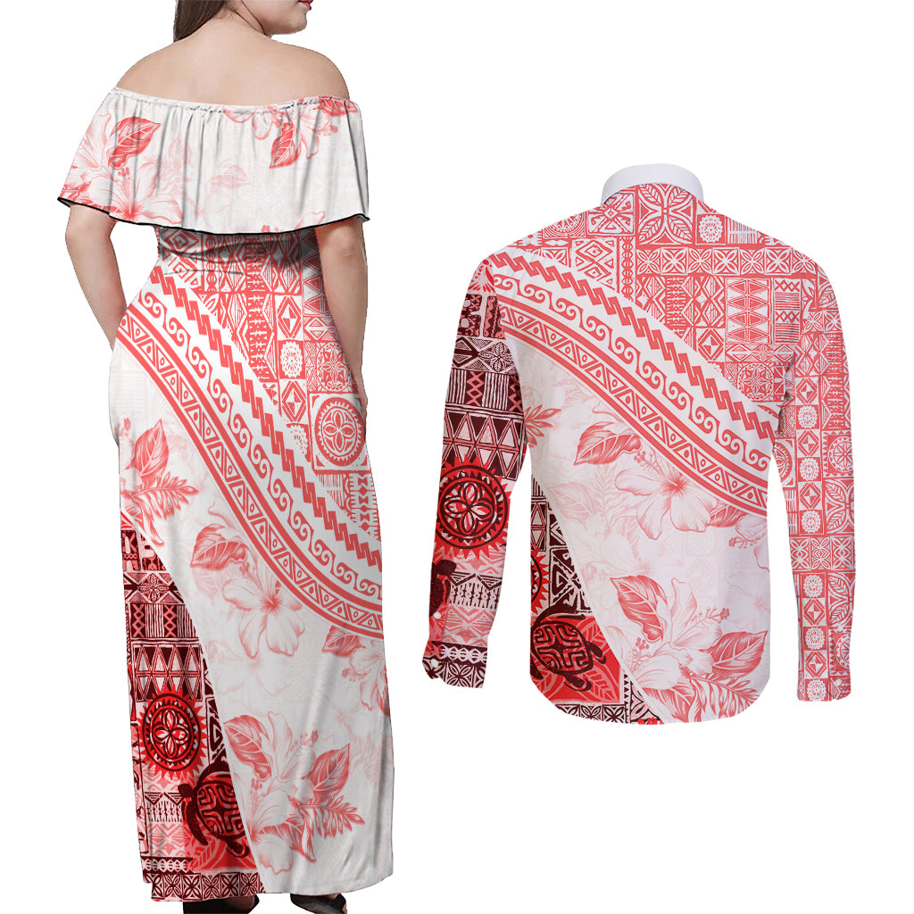 Hawaiian Tapa Couples Matching Off Shoulder Maxi Dress and Long Sleeve Button Shirt Traditional Vintage Pattern Red LT05 - Polynesian Pride
