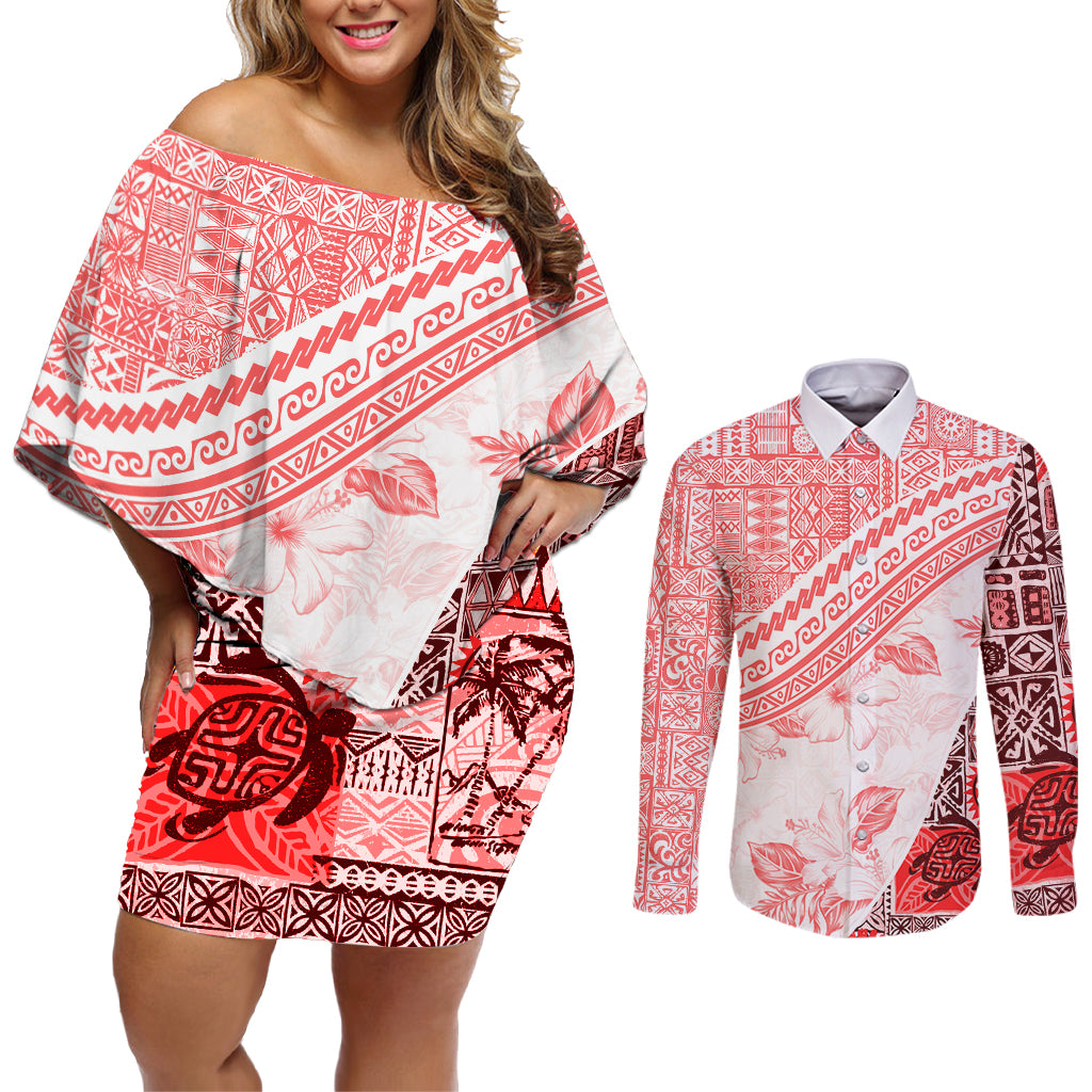 Hawaiian Tapa Couples Matching Off Shoulder Short Dress and Long Sleeve Button Shirt Traditional Vintage Pattern Red LT05 Red - Polynesian Pride