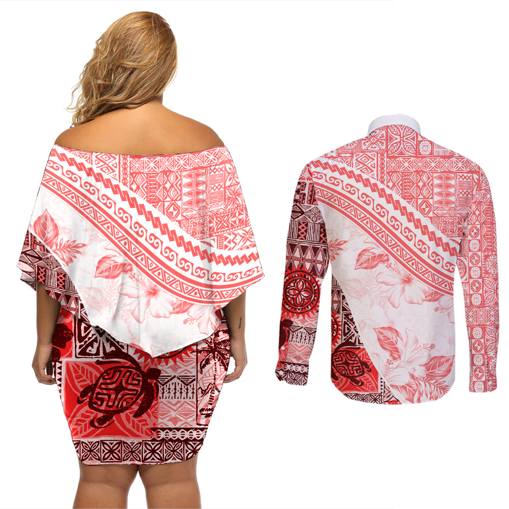 Hawaiian Tapa Couples Matching Off Shoulder Short Dress and Long Sleeve Button Shirt Traditional Vintage Pattern Red LT05 - Polynesian Pride