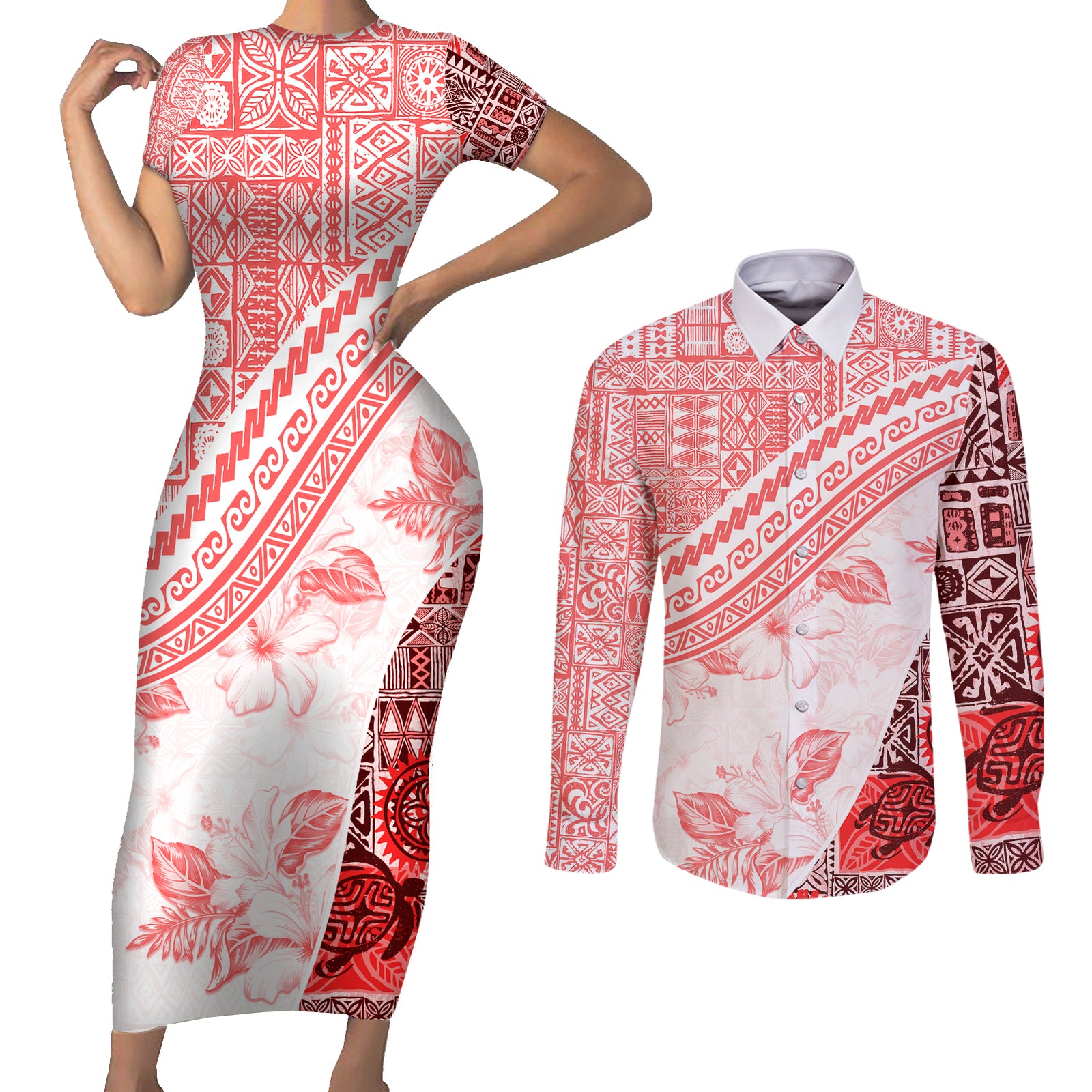Hawaiian Tapa Couples Matching Short Sleeve Bodycon Dress and Long Sleeve Button Shirt Traditional Vintage Pattern Red LT05 Red - Polynesian Pride