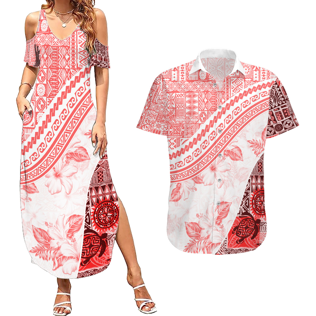 Hawaiian Tapa Couples Matching Summer Maxi Dress and Hawaiian Shirt Traditional Vintage Pattern Red LT05 Red - Polynesian Pride