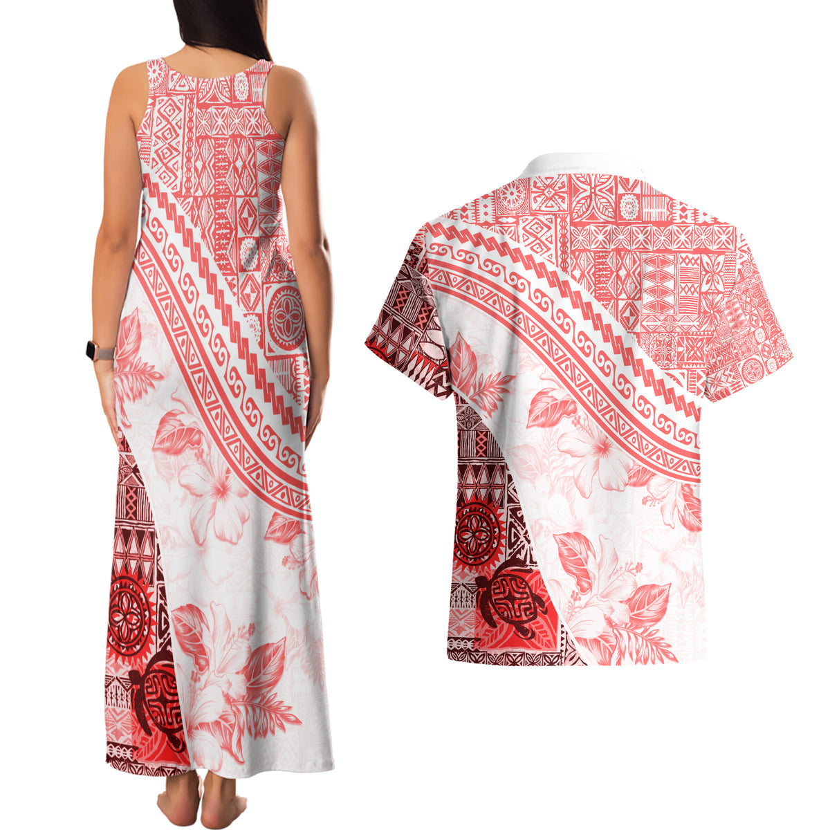 Hawaiian Tapa Couples Matching Tank Maxi Dress and Hawaiian Shirt Traditional Vintage Pattern Red LT05 - Polynesian Pride