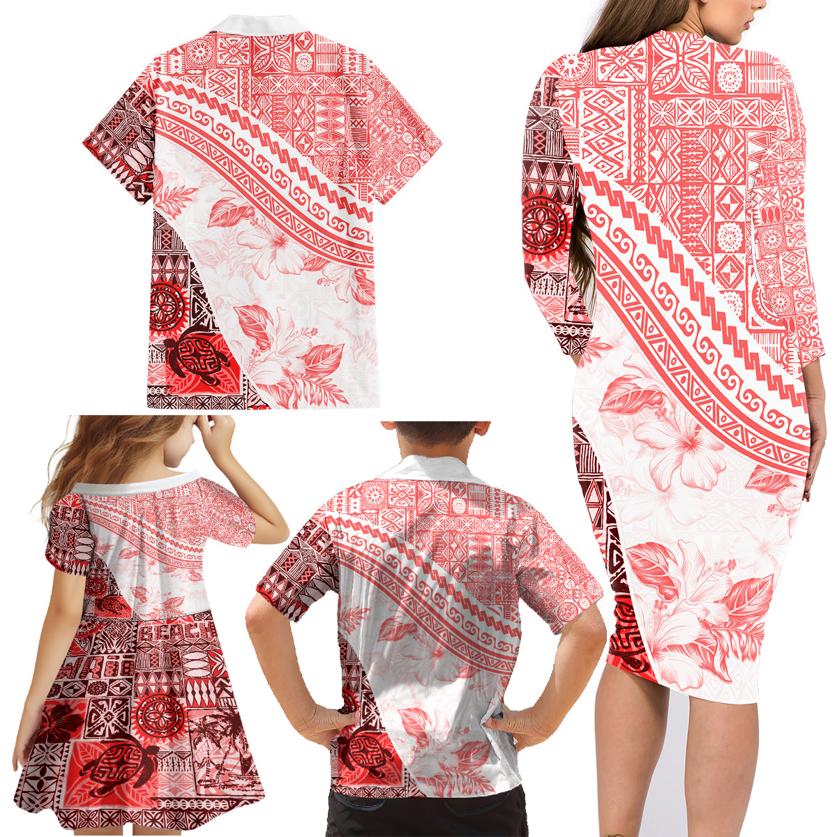 Hawaiian Tapa Family Matching Long Sleeve Bodycon Dress and Hawaiian Shirt Traditional Vintage Pattern Red LT05 - Polynesian Pride