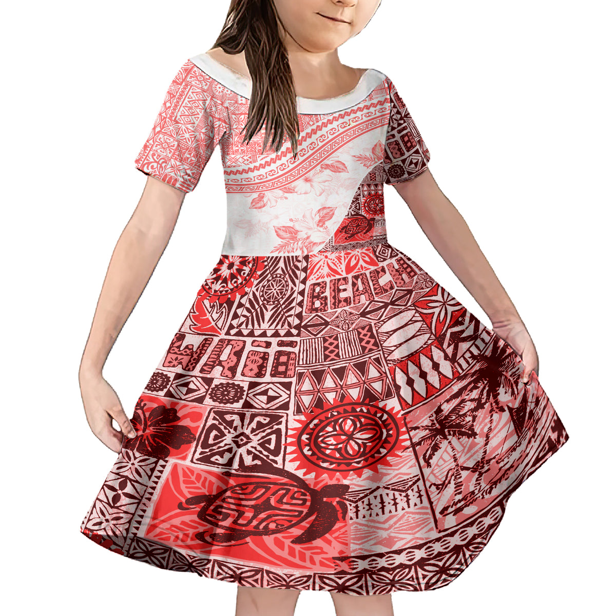 Hawaiian Tapa Family Matching Short Sleeve Bodycon Dress and Hawaiian Shirt Traditional Vintage Pattern Red LT05 Daughter's Dress Red - Polynesian Pride