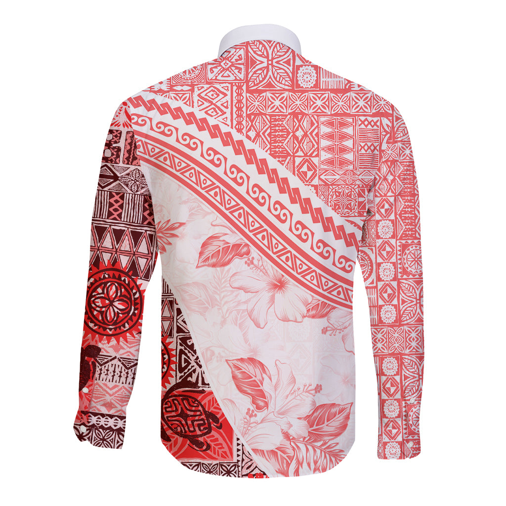 Hawaiian Tapa Long Sleeve Button Shirt Traditional Vintage Pattern Red LT05 - Polynesian Pride
