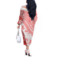 Hawaiian Tapa Off The Shoulder Long Sleeve Dress Traditional Vintage Pattern Red LT05 - Polynesian Pride