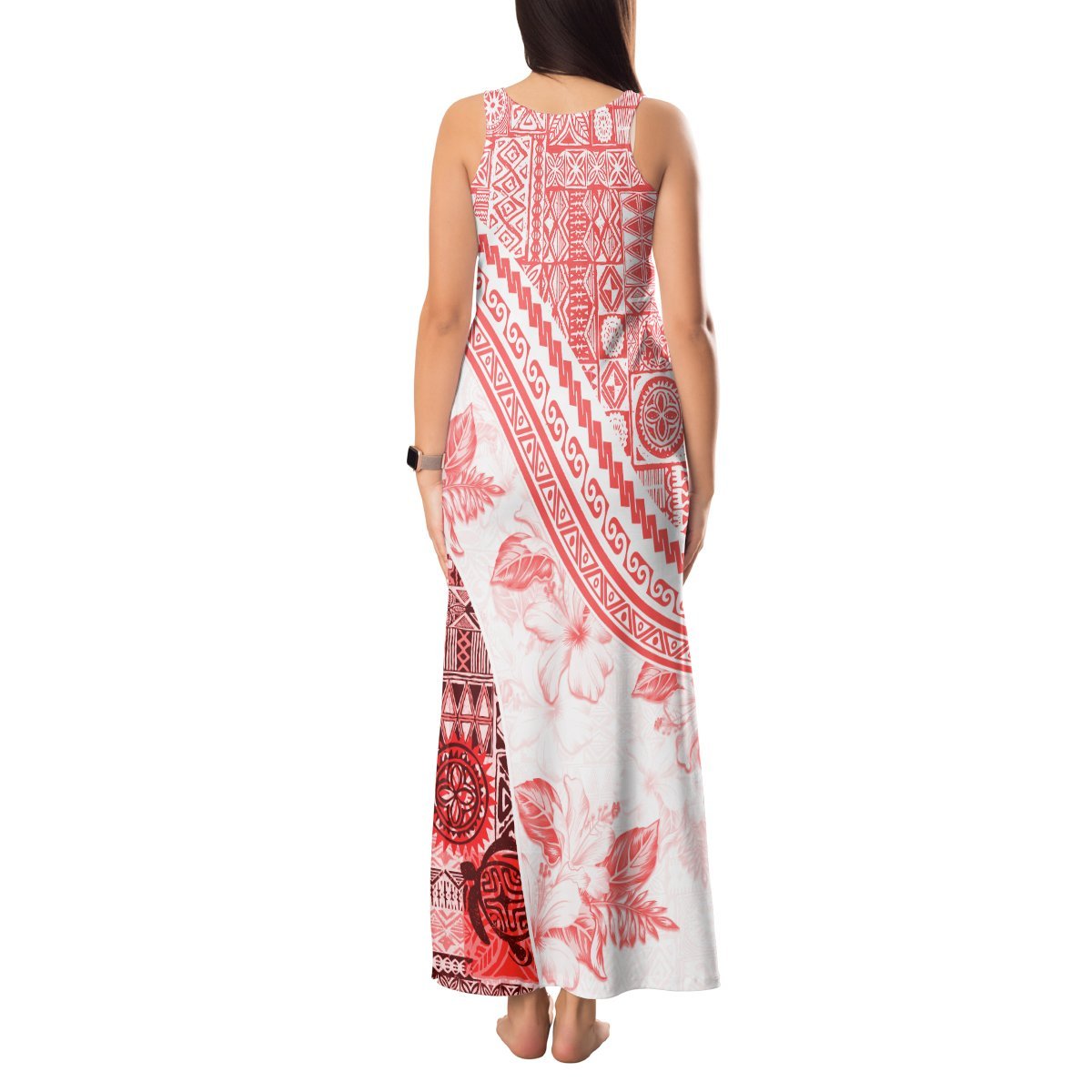 Hawaiian Tapa Tank Maxi Dress Traditional Vintage Pattern Red LT05 - Polynesian Pride