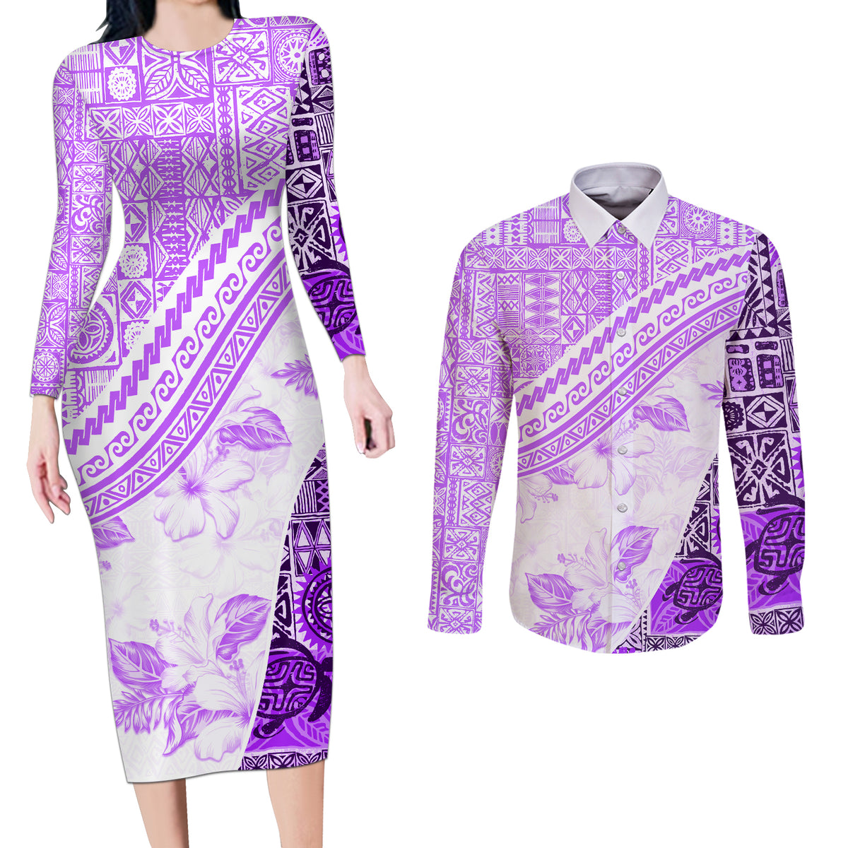 Hawaiian Tapa Couples Matching Long Sleeve Bodycon Dress and Long Sleeve Button Shirt Traditional Vintage Pattern Violet LT05 Violet - Polynesian Pride