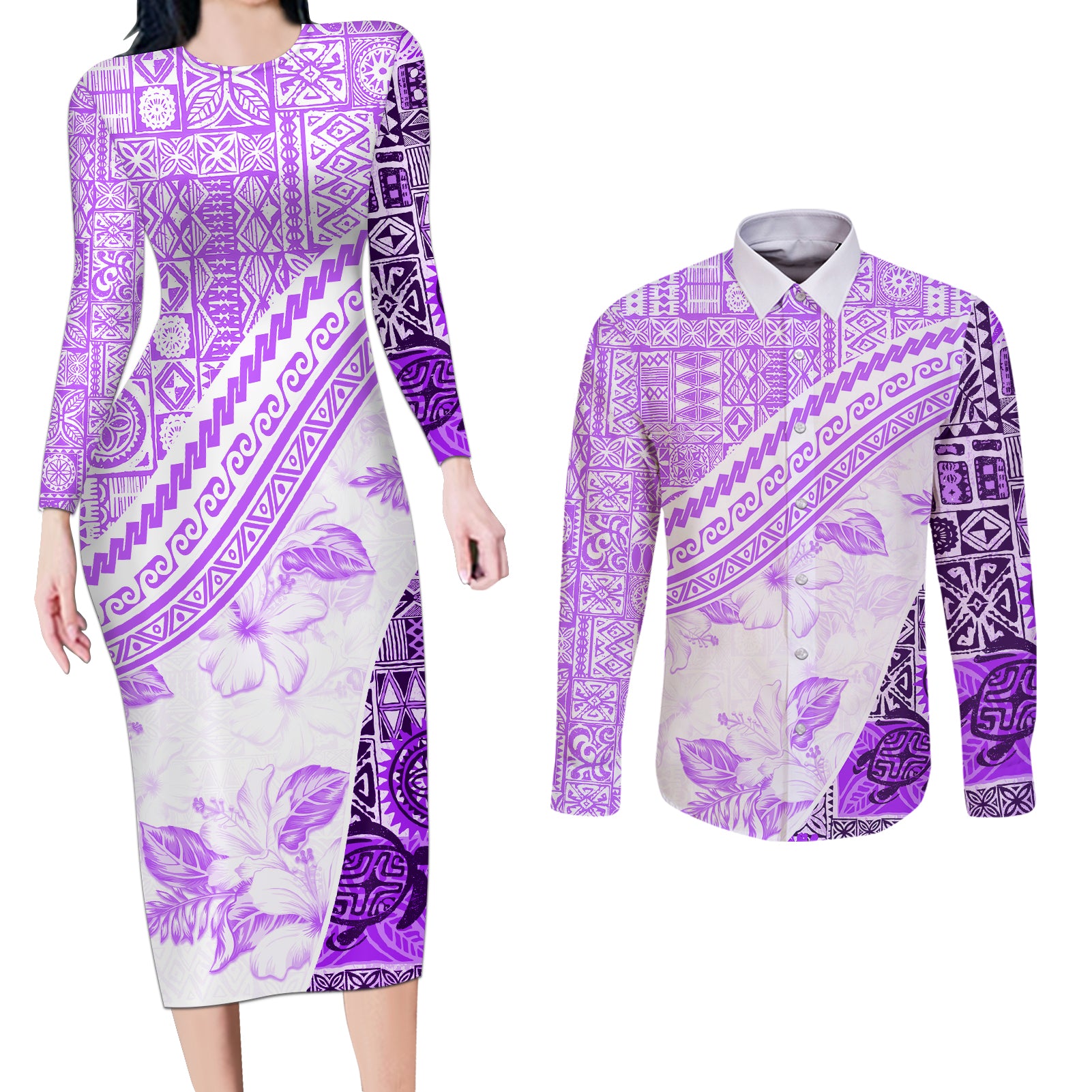Hawaiian Tapa Couples Matching Long Sleeve Bodycon Dress and Long Sleeve Button Shirt Traditional Vintage Pattern Violet LT05 Violet - Polynesian Pride