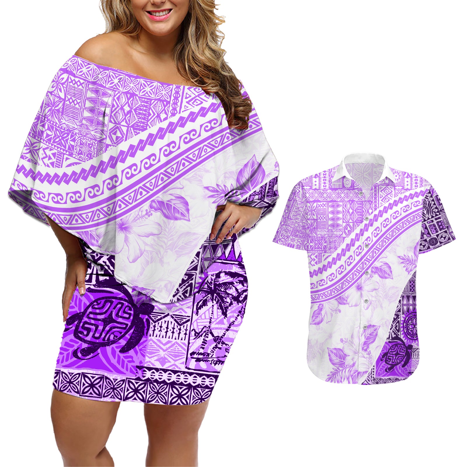 Hawaiian Tapa Couples Matching Off Shoulder Short Dress and Hawaiian Shirt Traditional Vintage Pattern Violet LT05 Violet - Polynesian Pride