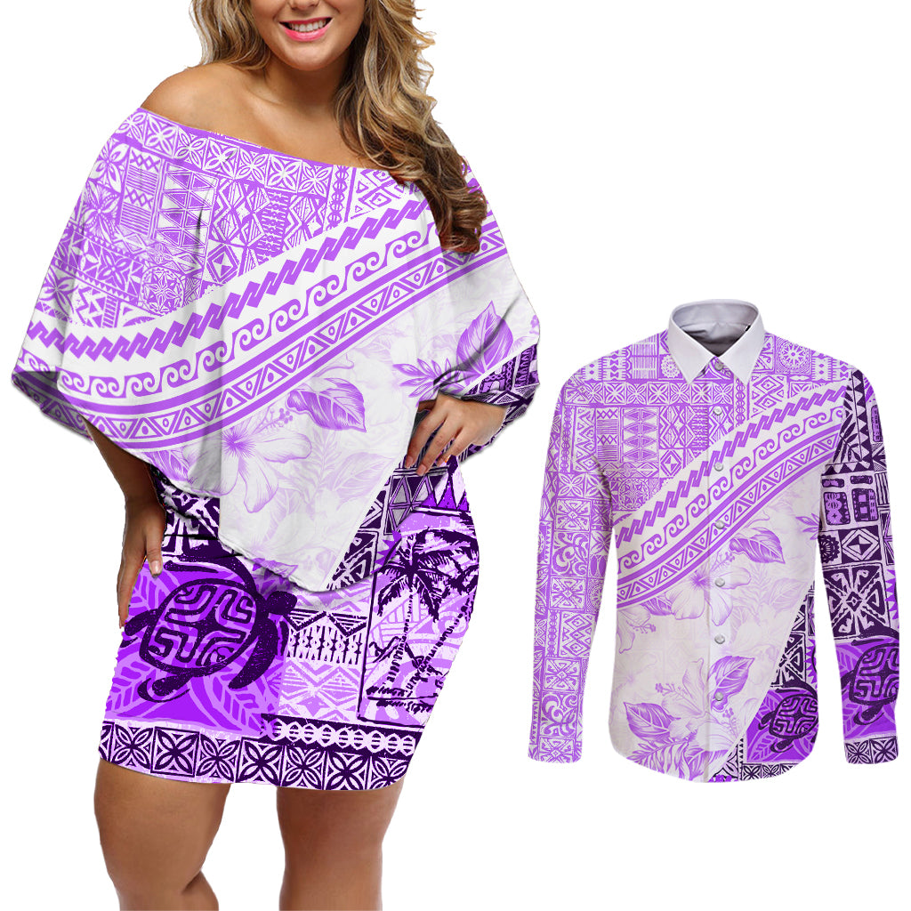 Hawaiian Tapa Couples Matching Off Shoulder Short Dress and Long Sleeve Button Shirt Traditional Vintage Pattern Violet LT05 Violet - Polynesian Pride