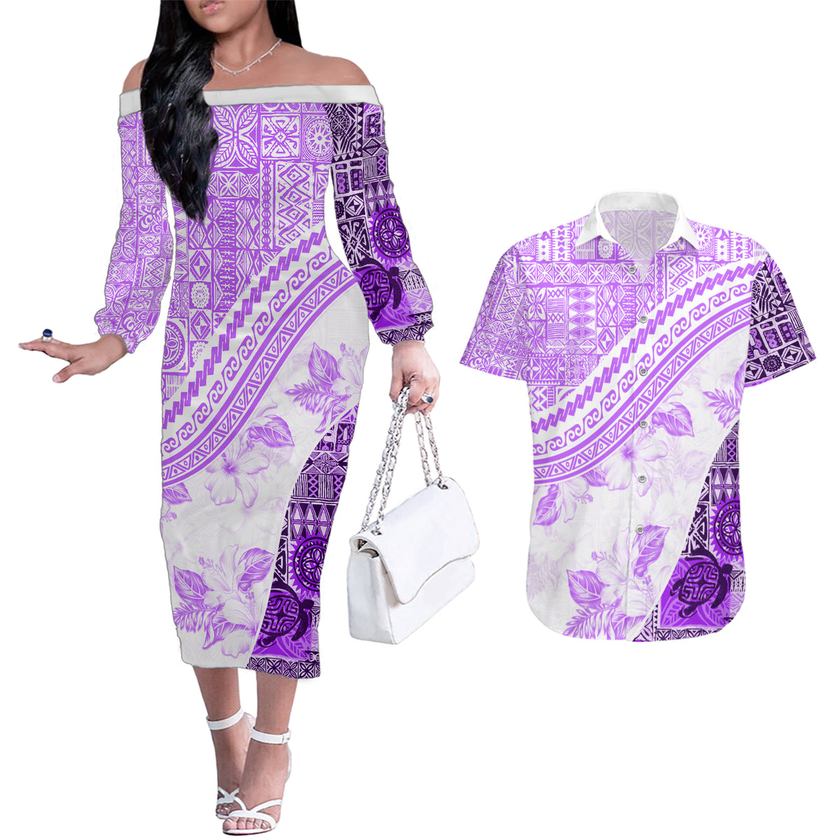Hawaiian Tapa Couples Matching Off The Shoulder Long Sleeve Dress and Hawaiian Shirt Traditional Vintage Pattern Violet LT05 Violet - Polynesian Pride