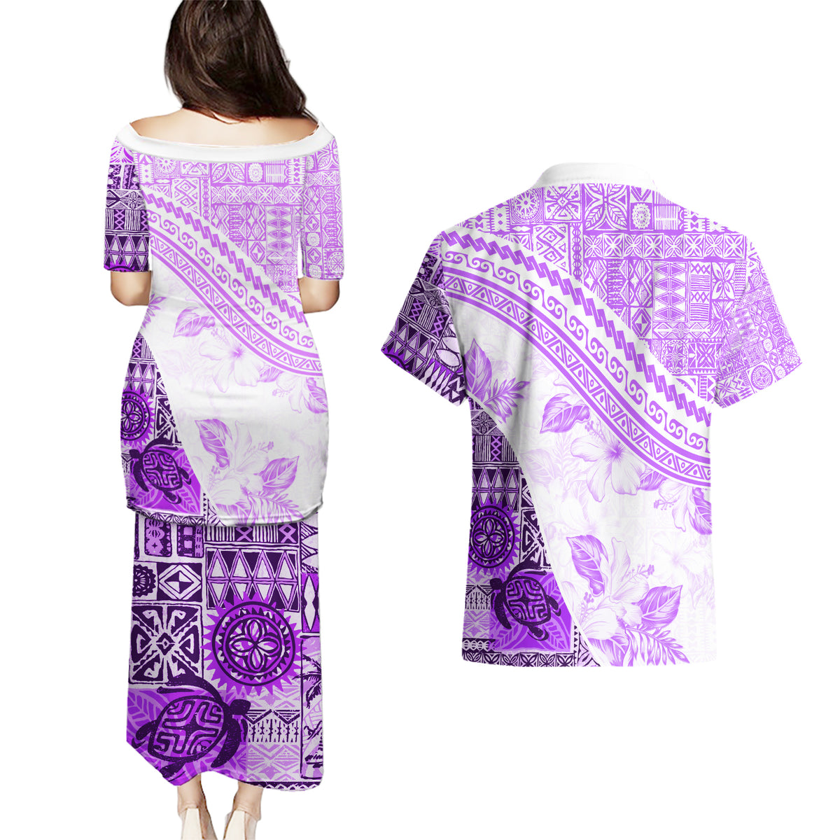 Hawaiian Tapa Couples Matching Puletasi Dress and Hawaiian Shirt Traditional Vintage Pattern Violet LT05 - Polynesian Pride